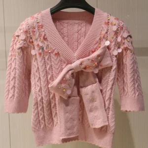 French Sweet Large Bow V-neck Sequin Knitted Short-sleeve Women's Top Spring-summer New Fashion Elegant Temperament Pullover - AliExpress Sweaters&Jumpers