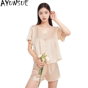 AYUNSUE 16Mm 100% Mulberry Silk Sleepwear Women Spring Summer Clothes Pajama Sets Casual Pants Short Sleeve Top Three-piece Set - AliExpress Women's Sleep & Lounge