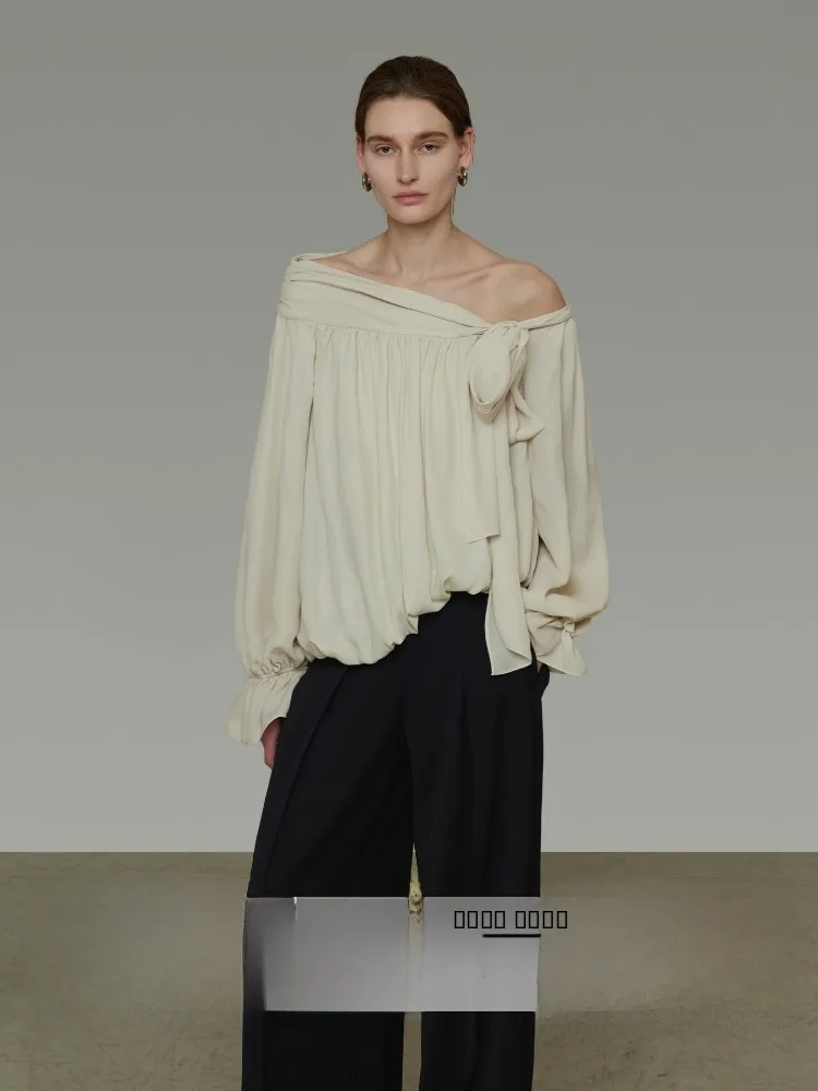 Unspoken Irregular Shoulder Women's Shirt Spring 2026 New Design Sense Belted Shoulder Bared Top Long Sleeve Polyester Fiber - AliExpress Shirts & Blouses