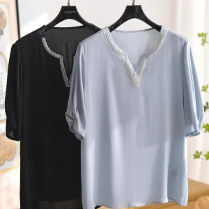Elegant Blue Silk Blend Short Sleeve Shirt V-Neck Original Design Loose Fit Women's Top Quality Satin  Premium Fabric - AliExpress Shirts & Blouses