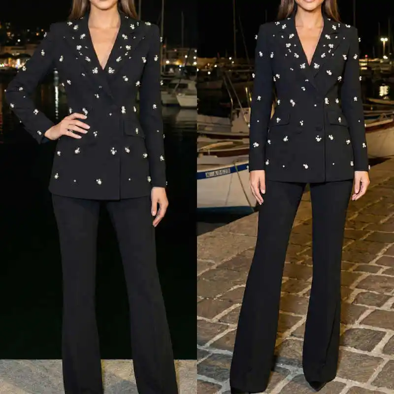 Temperament Women's Suits 2 Pieces Blazer Pant Double Breasted Beaded Crystal Peak Lapel Formal Occasion Party Customized - AliExpress Women's Sleep & Lounge
