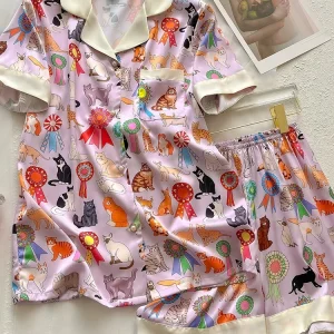 New Printed Cat Pajamas Summer Short sleeved Shorts  Silk Home Clothes Two piece Set - AliExpress Women's Sleep & Lounge