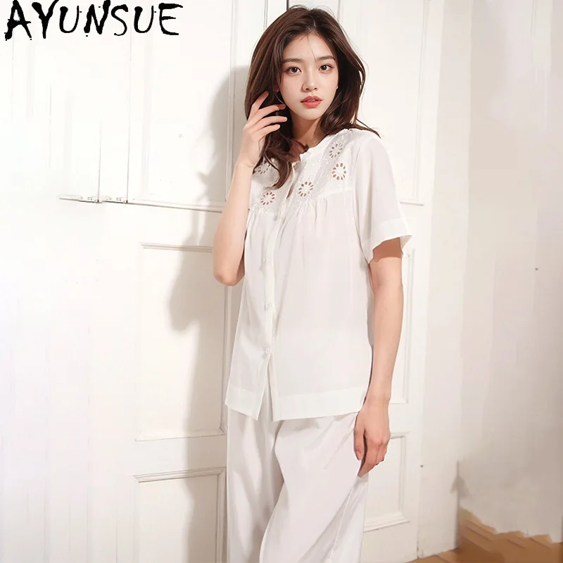 AYUNSUE Silk and Cotton Woman Pajama Sets Casual Pajamas for Women Short Sleeve Sleepwear Womens Matching Sets Summer Пижама - AliExpress Women's Sleep & Lounge