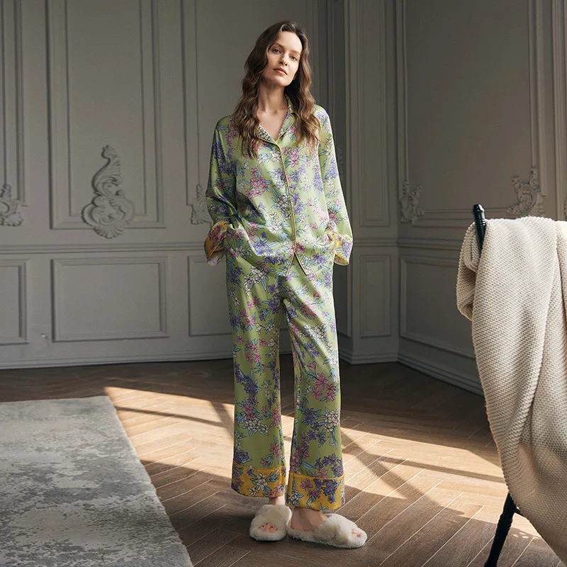 Women's 19 MM 100% Mulberry Silk Floral Print Loungewear Set - Elegant Shirt-Collar Long Sleeve Pajama Set Luxury Sleepwear - AliExpress Women's Sleep & Lounge