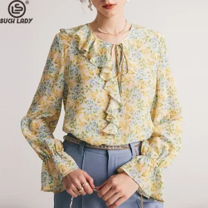 100% Natural Silk Women's Blouse O Neck Long Flare Sleeves Printed Fashion Casual Tops Wear - AliExpress Shirts & Blouses