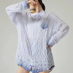 Blue adient Striped Embroidered Pleated Women's irt Korean Sle Lightweight Breathable Loose Fit Slimming Top - AliExpress Shirts & Blouses