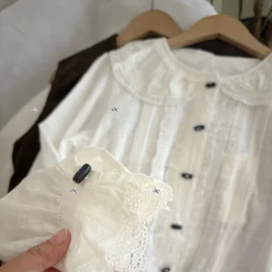 Retro Lace Trim Doll Collar Long Sleeve Shirt Top Dongda Gate Viplain Gentle Style Loose Fit Cotton Breathable Women's Shirt - AliExpress Shirts & Blouses