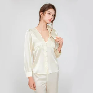 100% Pure Mulberry Silk Pajama Set Lace V Neck Button Front Long Sleeve Trousers Luxury Satin Sleep Loungewear Suit Gift For Her - AliExpress Women's Sleep & Lounge