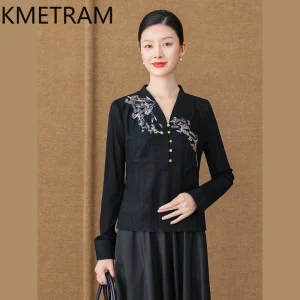 KMETRAM 100% Mulberry Silk Women Shirt 2026 Spring Retro Embroidered V-neck Netted Sleeves Blouse Woman Clothes Roupas Femininas - AliExpress Shirts & Blouses