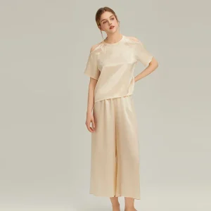 100% Mulberry Silk Women Pajama Set Summer Cold Shoulder Short Sleeve Loose Wide Leg Pants Luxury Loungewear Two Piece Sleepwear - AliExpress Women's Sleep & Lounge