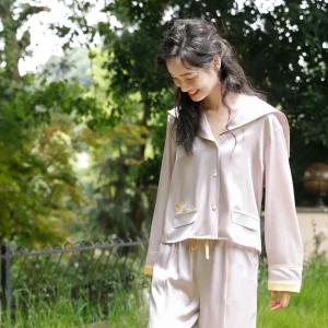 19MM 100% Mulberry Silk Pajama Set Women Sailor Collar Embroidery Long Sleeve Button Down 2 Piece Loungewear Sleepwear Outwear - AliExpress Women's Sleep & Lounge