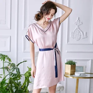 Women's Silk Nightgown Summer Short Sleeve Nightdress Robe V-Neck Sexy Mini Chemise Belted Satin Sleepwear Loose Loungewear PJ - AliExpress Women's Sleep & Lounge