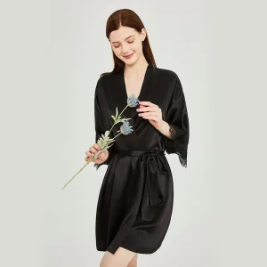 19mm 100% Mulberry Silk Robes Mini Nightgown Casual Belted Women's Robe Sexy Lace Trim Bridal Morning Gown Kimono Loungewear PJs - AliExpress Women's Sleep & Lounge