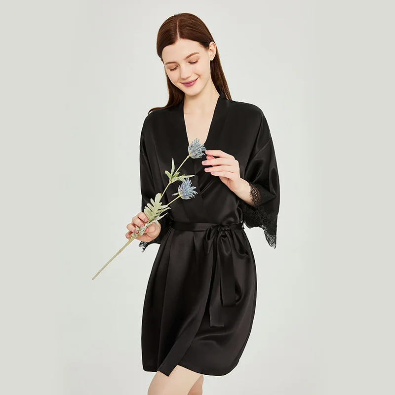 19mm 100% Mulberry Silk Robes Mini Nightgown Casual Belted Women's Robe Sexy Lace Trim Bridal Morning Gown Kimono Loungewear PJs - AliExpress Women's Sleep & Lounge