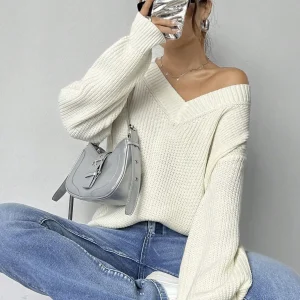 Women's Off-Shoulder V-Neck Loose Knit Sweater, Long Sleeve Pullover for Fall Winter - AliExpress Sweaters&Jumpers