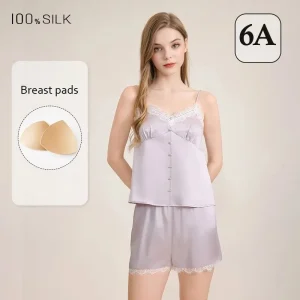 2025 New Women's French Silk Pajamas Set Chest Pads 100% Mulberry Silk Camisole Shorts Lounge Wear XL Size Suspender 2 Pieces - AliExpress Women's Sleep & Lounge