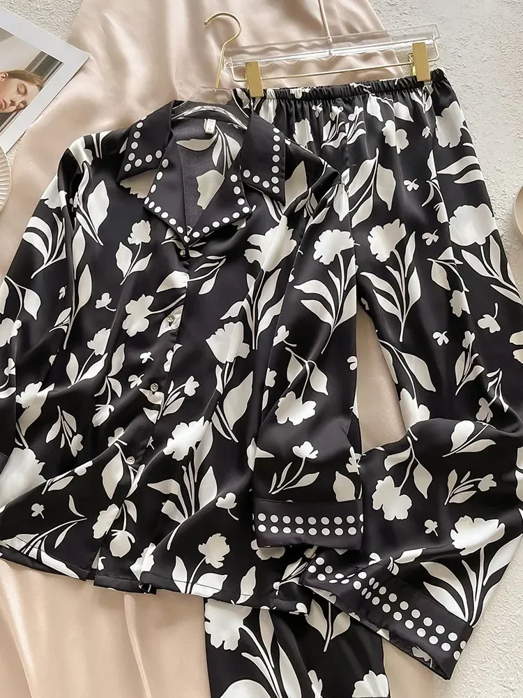 New Black and White Printed Pajama Long Sleeve Home Clothes Set 100% Silk Home Clothes - AliExpress Women's Sleep & Lounge