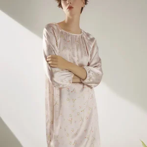 100% Mulberry Silk Long Sleeve Sleepshirt Nightdress Summer Floral Lingerie Women's Elegant Nightdress Casual Pajama Home Dress - AliExpress Women's Sleep & Lounge