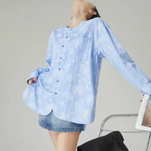 Blue Striped Embroidered Scarf Collar Loose Fit Women's irt Korean Sle Long Sve Slimming Top with oulder Pads - AliExpress Shirts & Blouses