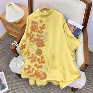 New Chinese Style Mid-Sleeve T-Shirt Women's Large Robe Embroidered Tube Stitch Commute Straight Tube Silkworm Fiber Spring - AliExpress Shirts & Blouses