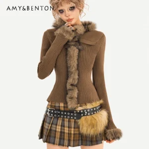 American Hot Girl Retro Fur Collar Women's Knitted Sweater 2025 Autumn Winter Design Fashion Slimming Versatile Pullover Ladies - AliExpress Sweaters&Jumpers