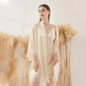 19MM Real Silk Slip Dress and Bathrobe Two Piece Set Lace Sexy 100% Mulberry Silk Kimono Morning Gown with Camisole Nightdress - AliExpress Women's Sleep & Lounge