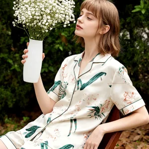 100 Real Mulberry Silk Women's Pajamas Lounge Set Solid Color Summer Button Down Short Sleeve Top & Shorts Pyjama Home Clothing - AliExpress Women's Sleep & Lounge