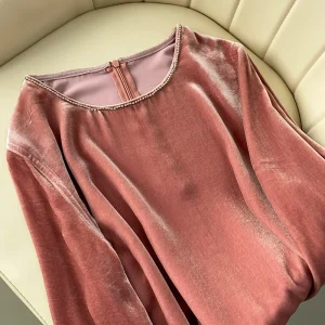 Retro Elegant Pink Velvet Shirt Women's Heavy Embellished round Neck Silk Shirt Autumn Wear Commute Style Long Sleeve Slim Fit - AliExpress Shirts & Blouses