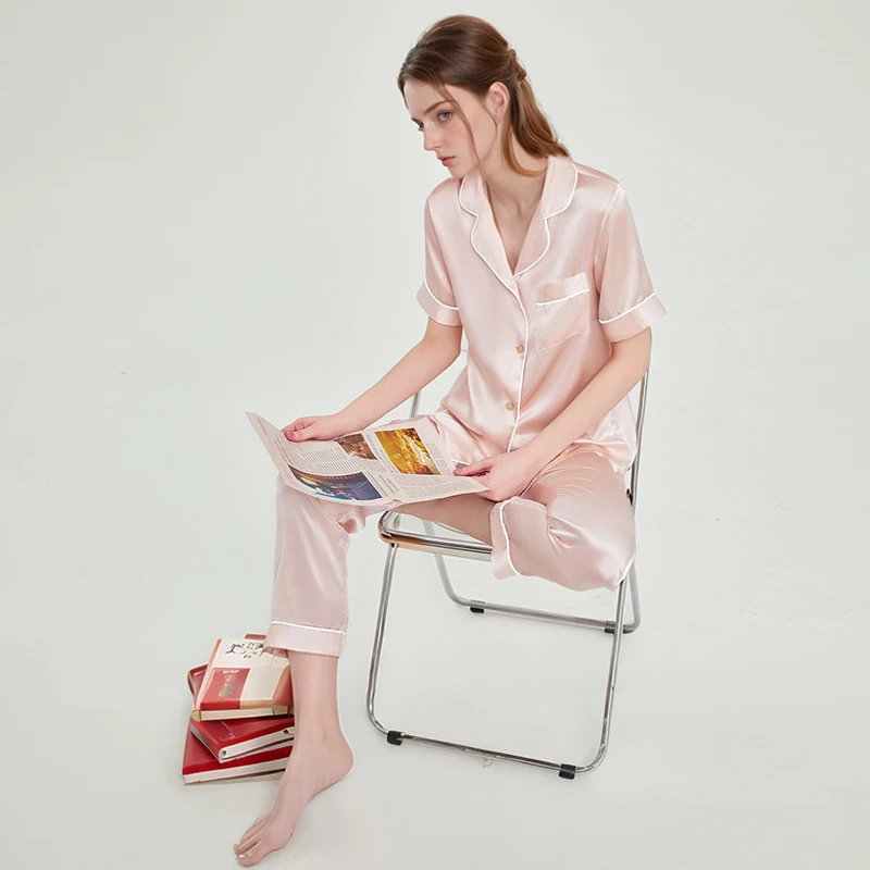 Winsleter-6A 19MM 100%Real Silk Elegant Women Pajama Set, Short Sleeve Solid, French Simplicity Homewear, 2025 Summer S56516CC - AliExpress Women's Sleep & Lounge