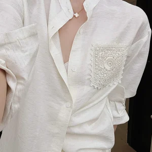 Retro Design Mixed Fibre Lace Shirt Women's Heavy Craftsmanship Embroidery Backless Hollow out Top Loose Fit with Pocket - AliExpress Shirts & Blouses