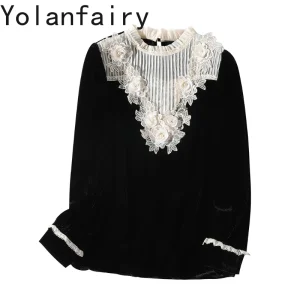 YOLANFAIRY 80% Viscose 20% Mulberry Silk Blouse for Woman Autumn Lace Patchwork Women Shirt Elegant Ladies Blouses Tops Blusas - AliExpress Shirts & Blouses