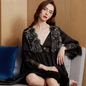 French Style Sheer Lace Silk Slip Nightgown & Robe 2 Piece Set with Padded Bra Sexy Deep V Neck 100% Mulberry Silk Sleepwear PJs - AliExpress Women's Sleep & Lounge