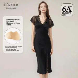 Women Sexy Lace Silk Nightdress 19 Momme Mulberry Silk Slit Design With Chest Pad Sleepwear Outdoor Dress - AliExpress Women's Sleep & Lounge