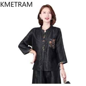 KMETRAM 100% Mulberry Silk Xiangyunsha Blouse Women 2026 Spring Black Crackle Texture Print Nine Quarter Sleeve Shirt Ropa Mujer - AliExpress Shirts & Blouses
