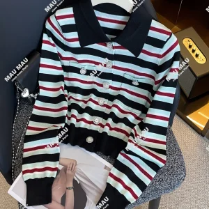 High-End Women's Short Knitted Cardigan Casual Striped Turn-down Collar Sweater Comfortable Commute Style Regular Fit Knitwear - AliExpress Sweaters&Jumpers