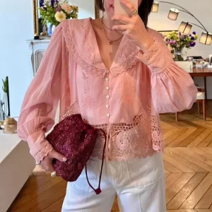 French Sle Loose Fit Cotton irt Embroidered Lace Hollow out Long Sve V Ne Women's Top Sweet Floral Design - AliExpress Shirts & Blouses