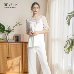 100% Mulberry Silk T-Shirt and Trousers Two-piece Pajama Suit Sexy Lingerie Sleepwear Women Mid-length Sleeves Pajamas Nightwear - AliExpress Women's Sleep & Lounge
