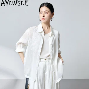 AYUNSUE 27.6% Real Mulberry Silk and Linen Blend Shirts for Women Lace Embroidered Blouse Women Autumn Clothing 2026 Tops Mujer - AliExpress Shirts & Blouses