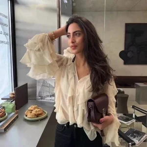 Exjr V-neck Long Sleeve Shirt Women's Premium Layered Lace Hemline Heavy Work Chiffon Top Commute Style Loose Fit - AliExpress Shirts & Blouses