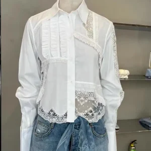 White Cropped Women's Blouses And Shirts Lapel Collar Sheer Lace Patchwork Ruffle Trim Casual Shirt Elegant Daily Tops - AliExpress Shirts & Blouses