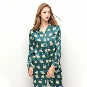 Printed Pure Silk Long Sleeve Pajamas Button Down 100% Mulberry Silk Pijamas Suit Women's Homewear Sleepwear 2 Piece Pajama Set - AliExpress Women's Sleep & Lounge