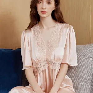 Heavyweight 100% Mulberry Silk Womens Nightshirt Solid Color Lace Trim Night Shirts Underwear Short Sleeve Nightdress with Bra - AliExpress Women's Sleep & Lounge