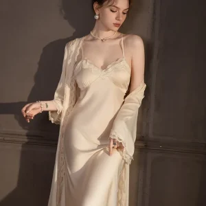 Two Piece Set Sexy Long Mulberry Silk Pajamas Women Chest Pads Suspenders Elegant Nightgown Solid Suspender Luxury Sleepwear XL - AliExpress Women's Sleep & Lounge