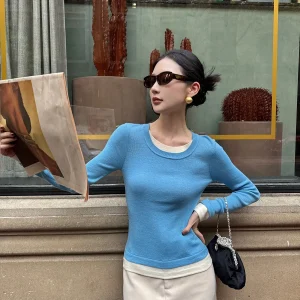 Original Lu Qing  Knitted Sweater Women's Autumn Winter Wool Blend Long Sve round Ne Base Layer Top Fake Two-Piece - AliExpress Sweaters&Jumpers