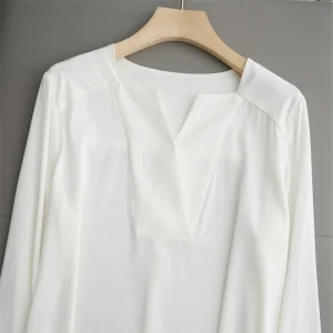 Ele White Silk irt V-Ne Puff Sve Long Sve Commute Office Confidence High-End Feeling  Silk Top Women - AliExpress Shirts & Blouses