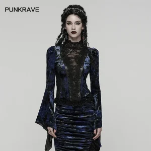 PUNK RAVE Women's Gothic Gorgeous Lace Sexy Shirt Tie-dyed Velvet Collar Pleated Gemstone Rivets Decoration Blouse Tops 3 Colors - AliExpress Shirts & Blouses