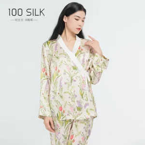 Floral 19MM 100% Mulberry Silk Women's Kimono Pajamas Two Piece Set Long Sleeve Sleepwear Lounge Sets Nighty Casual Pajama Set - AliExpress Women's Sleep & Lounge