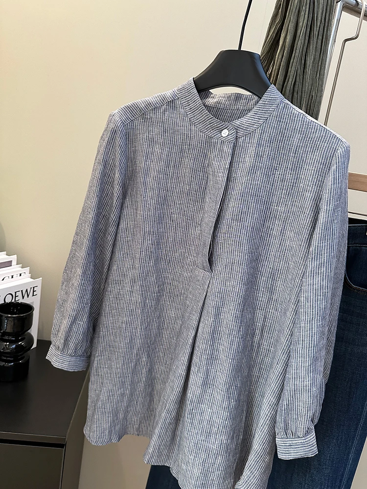 Elegant Casual Linen Shirt round Neck Half Open Front Seven Sleeve Striped Women's Top Comfortable Loose Fit Anti-Wrinkle - AliExpress Shirts & Blouses