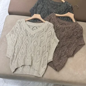 Women's hollowed out sequined V-neck linen knitted sweater - AliExpress Sweaters&Jumpers