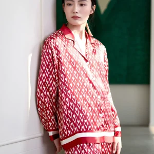 100% Mulberry Silk Premium Red Houndstooth Loungewear Set Women's Long-Sleeve Shirt & Trousers Lapel Pajamas Loose Fit Homewear - AliExpress Women's Sleep & Lounge